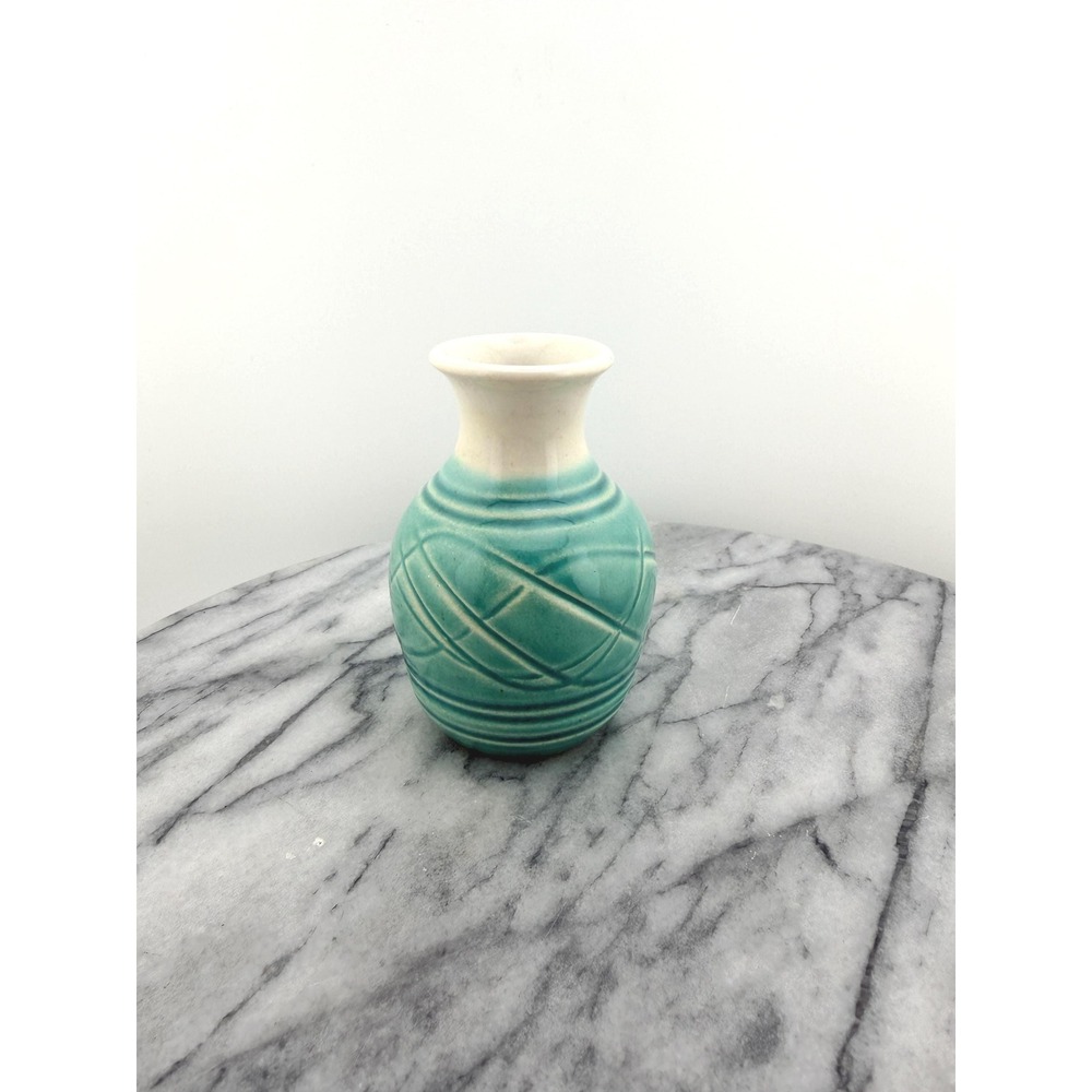 Vintage Dryden Pottery Bud Vase Signed Arkansas Art Pottery Small Teal and White